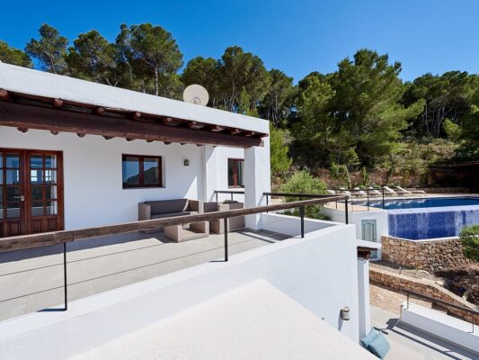 View of terrace and pool photo - Casa Kiva: 6 bedroom child friendly luxury villa with infinity pool in Es Cubells, Ibiza